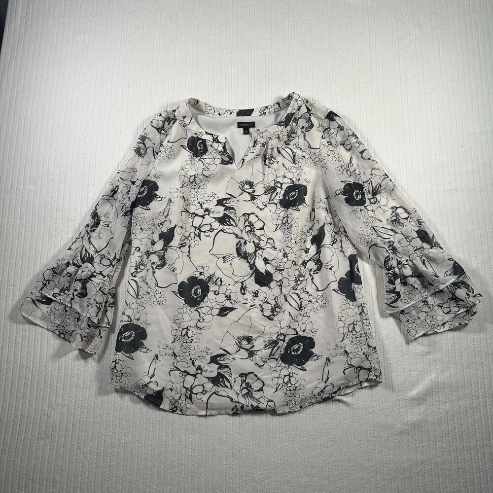 Talbots Womens Medium Floral Blouse Black White Long Sleeve Ruffle Sleeve Top